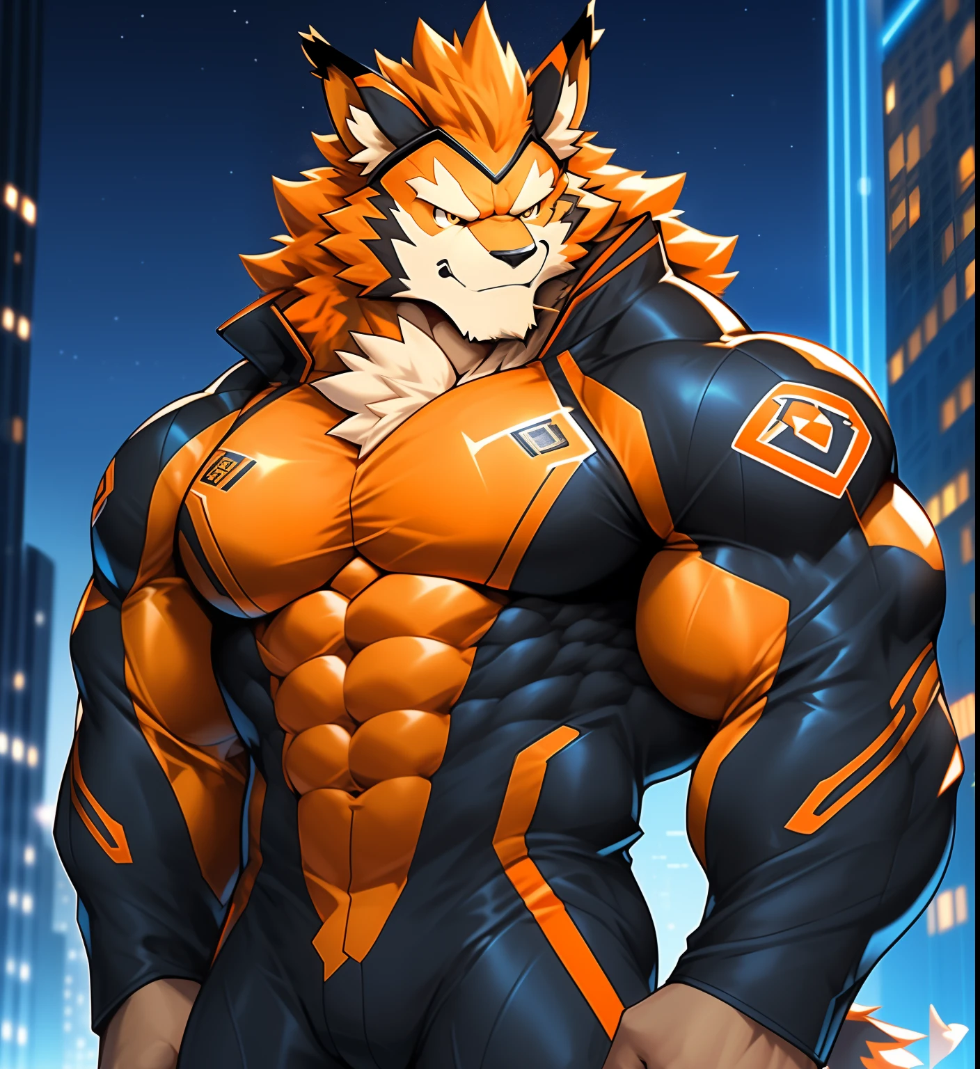 City background, skyscraper, futuristic city, night, stars, night lights, Leomon Gigachad, Superhero, hero, Nadaria, massive muscles, huge pecs, chiseled ABS, huge pecs, exaggeratedly huge muscles. A furry hero whose presence inspires trust and respect. (((His hero suit is black and orange.)))