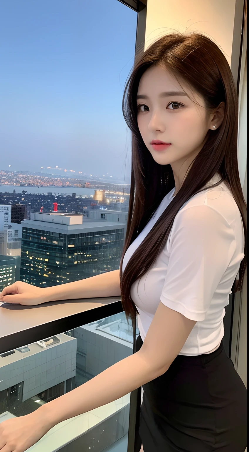 ((Best quality, 8K, Masterpiece :1.3)), Whole body, Sharp focus :1.2, Pretty Women with Perfect Figure :1.4, Slender abs :1.2, ((Dark brown hair, Big breasts )), Body dress :1.1, (night cityscape, Modern Balcony :1.1), Highly detailed face and skin texture, Detailed eyes, 二重まぶた, small busts, office lady uniform, Office wear, White T-shirt, (Black pantyhose), (exquisite facial features), interior scenes, Office