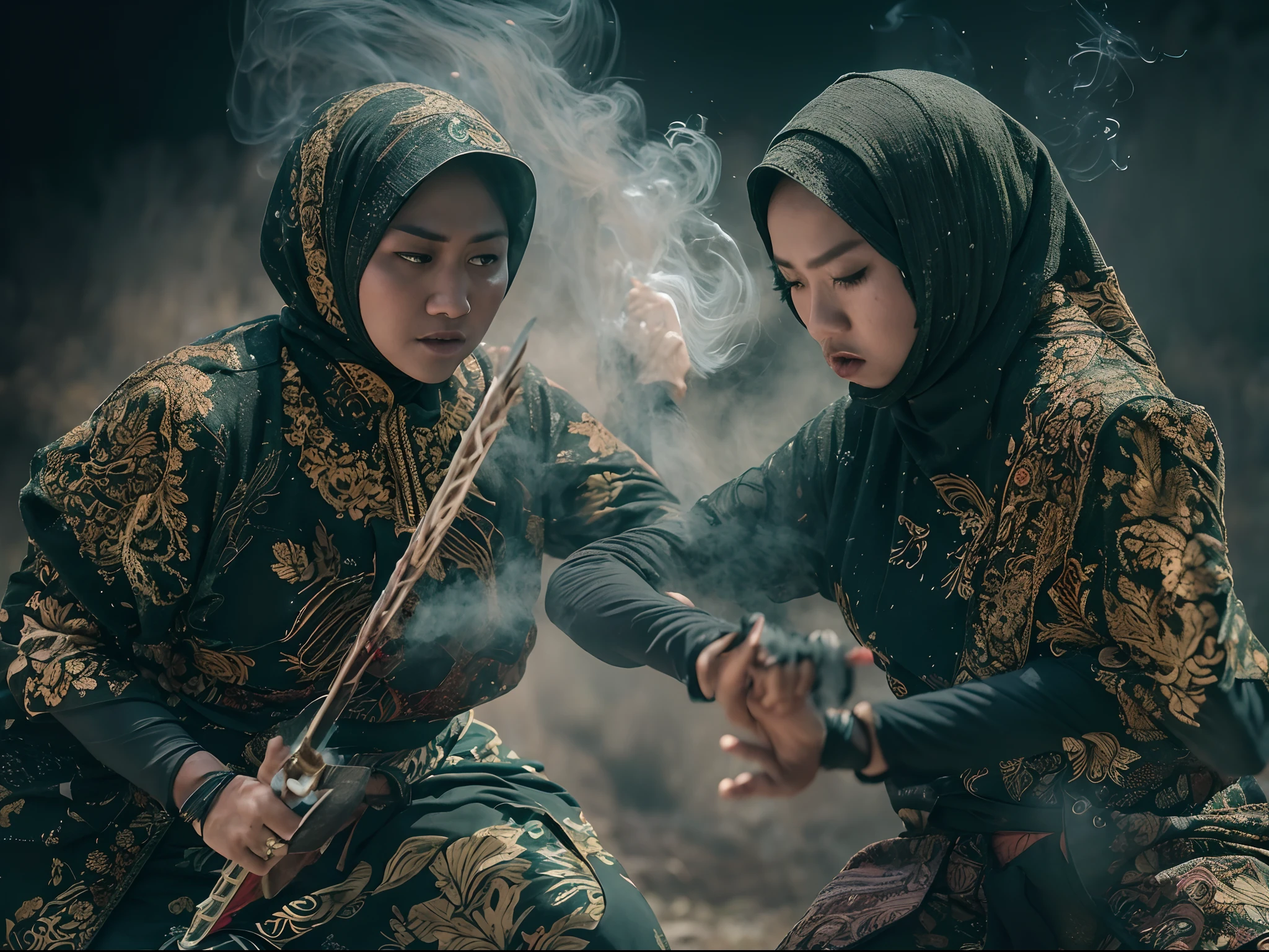 2 hijab malay woman heroin/warrior in fighting scene using keris, batik & songket costume,action silat, dark night background, a lot of smoke effect in below, Super 8mm lense, Low angle shot, bright color grading, depth of field, western, high quality, ultra detailed, 8k resolution