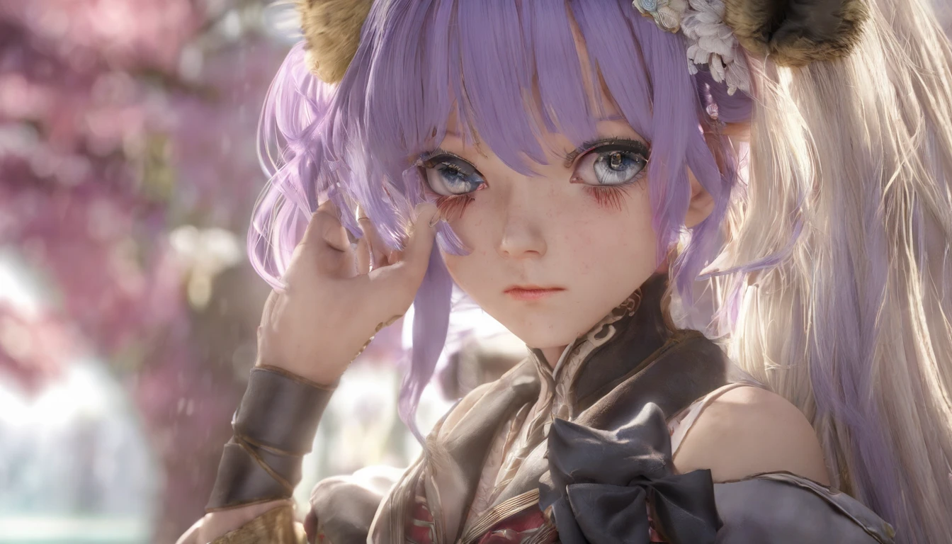 colored inner hair, blonde hair, grey hair, ahoge, asymmetrical bangs, very short hair, tiara, hair flower, hair ornament, purple hairband, dashed eyes, gradient eyes, horizontal pupils, cat ears, clenched teeth, shy, fangs, ear blush, Surrealism, rococo style, high detail, Dutch Golden Age painting, Ukiyo-e, anime style, blending, drop shadow, anaglyph, Sony FE GM, UHD, masterpiece, ccurate, anatomically correct, textured skin, high details, award winning