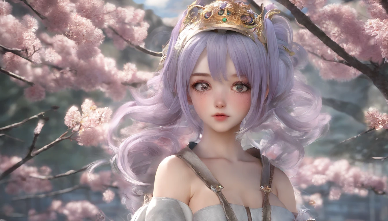 colored inner hair, blonde hair, grey hair, ahoge, asymmetrical bangs, very short hair, tiara, hair flower, hair ornament, purple hairband, dashed eyes, gradient eyes, horizontal pupils, cat ears, clenched teeth, shy, fangs, ear blush, Surrealism, rococo style, high detail, Dutch Golden Age painting, Ukiyo-e, anime style, blending, drop shadow, anaglyph, Sony FE GM, UHD, masterpiece, ccurate, anatomically correct, textured skin, high details, award winning
