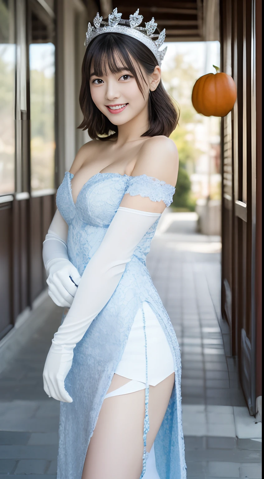 (top-quality、超A high resolution、masterpiece:1.3), a tall and beautiful woman, Midhair with bangs, Detailed moisturized eyes, Textured skin, Best Quality, 8K, blurry backround, ((thin-waist, skinny thigh:1.1, long legged)), (Colossal tits), Natural Color Lip, ssmile, Young woman in perfect style, You are in the downtown area, Snow Queen costume, Blue lace, tiny girl, Cat Hand Gloves, Katyusha, Pumpkin Lantern