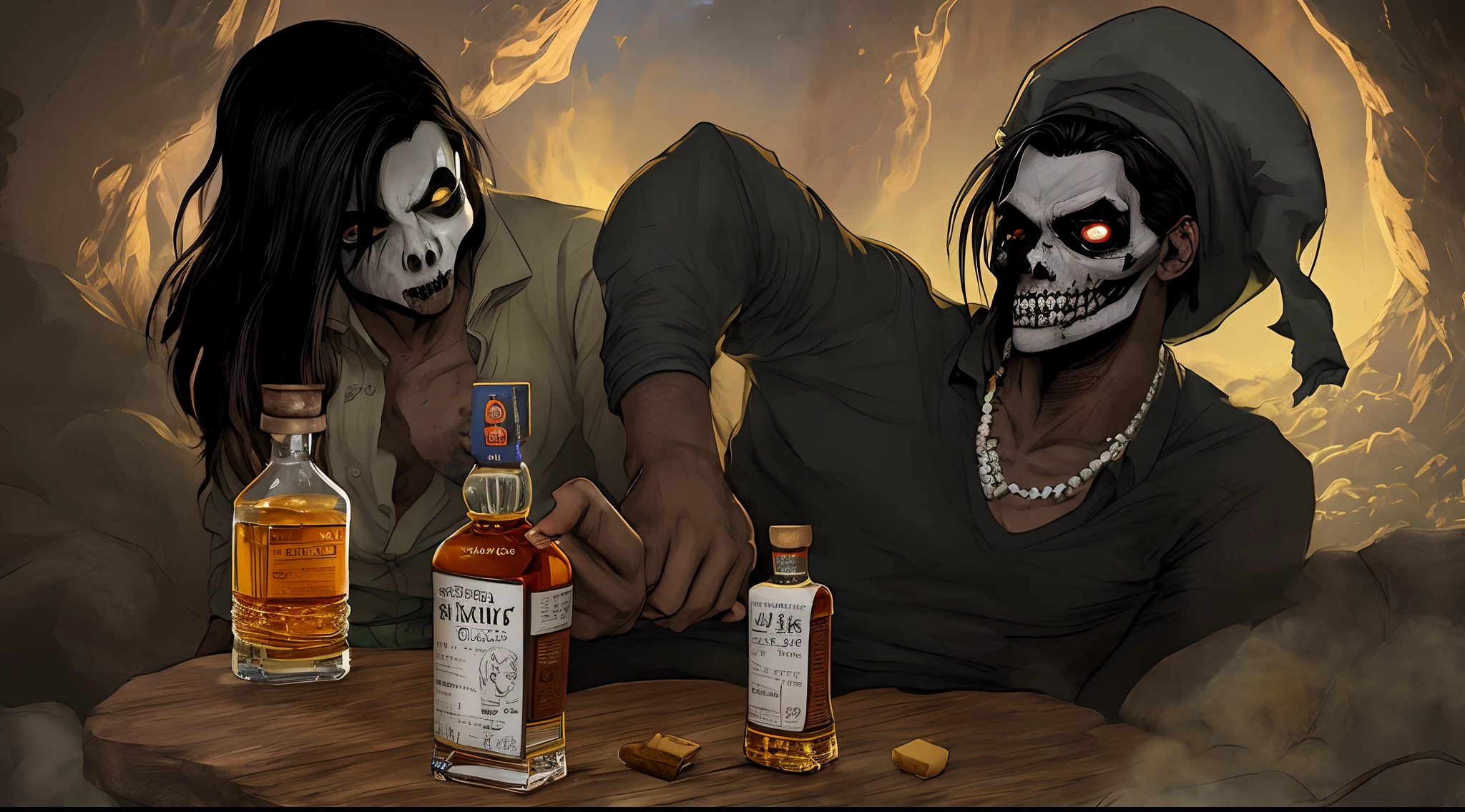 Um fundo de terror com um homem de cartola e capa preta segurando um copo de whisky com jm charuto em uma mao nao oitra uma bengala de caveira