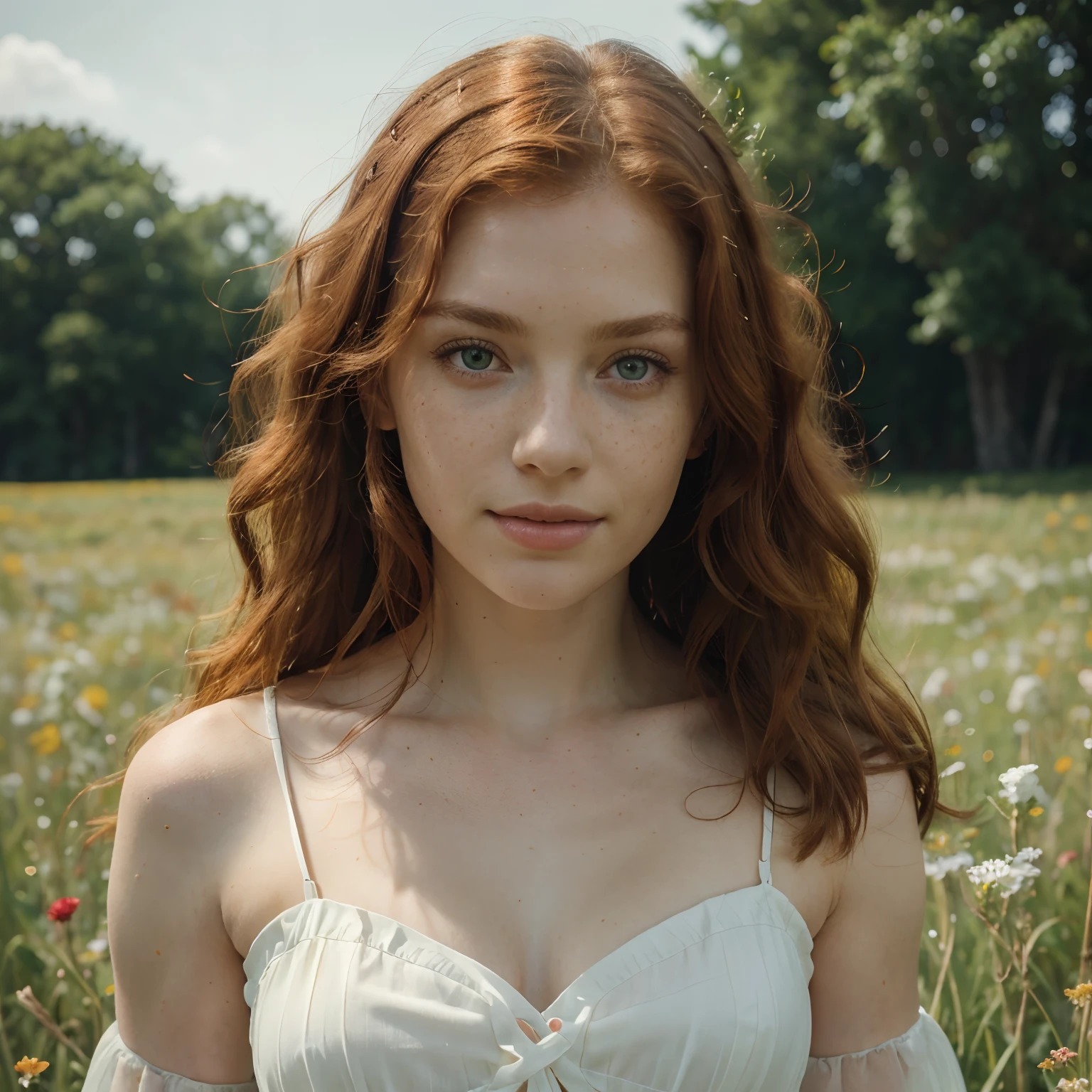 (best quality,4k,highres,masterpiece:1.2),red-haired attractive woman,detailed face,beautiful red curls,gentle smile,clear green eyes,porcelain skin,freckles,graceful pose,stylish outfit,flowing dress,field of wildflowers,vibrant colors,natural lighting,soft and warm color tones