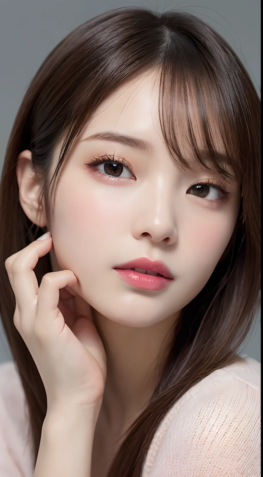 finely detail, hight resolution, hightquality、Perfect dynamic composition, Beautiful detailed eyes, Medium Hair, small tits、Natural Color Lip,Kamimei、Shibuya、20 years girl、1 persons、Transparent skin、Glowing hair、masutepiece, Best Quality, Illustration, Ultra-detailed, finely detail, hight resolution, 8K、The correct state of the human body、Randomly cute poses,Ponytail hair,beauty legs,Perfect beautiful face,KPOP Idol Face,Face that feels ecstasy,Pale pale pink knitted dress,Background blur,Do Guts Pose