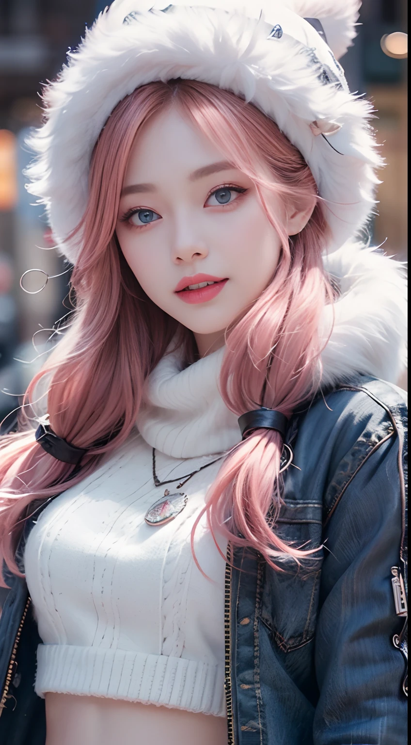 (32k,hoog detail,hoog detail,Hight Resolution,High density,独奏,Lori:1.3),(Realistic people,Live Action,A detailed eye,High-resolution eyes,Fine Eyes,Eyes that seem to be alive,Beautiful dark blue eyes,Fishing Eyes,Detailed lips,Crystal Clear White Skin,Detailed and realistic faces:1.3),(Japanese ido,Korean idols,Japan model,Korean model,Korean K-Pop Female Idols:1.2),(With a blush,Natural makeup,necklaces,piercings,Navel Piercing:1.4)(Cargo pants,Colorful tops of the big silhouette,Large Outerwear,boots,Knitted hat,Mod type unsnowed casual:1.6),(Handsome breasts,Pink hair:1.5),(Young but very beautiful Koreans16 years old little girl,Cool Eyes,little smile,Facing backwards,turned around,Looking at the camera,Fashion Leader,fashion model,Yellow-looking skin,Unforgettable Eyes,The eyes are so beautiful.,I want to go to the Paris collection..,State-of-the-art fashion:1.6)
