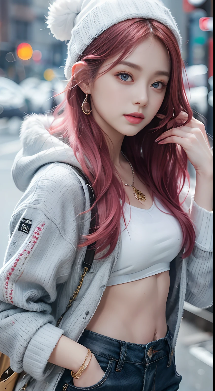 (masterpiece, best quality, cinematic, photorealistic, ultra-detailed), 1girl, thicc, (medium shot, from below:1.5), (Korean girl), (long sleek red hair, with bangs:1.3), perfect hands, perfect face, (bursting breasts:1.4), round ass, (white and smooth complexion), (wears white hooded and furred sweater, black shirt and skirt:1.3), (seductive pose), (green eyes, detailed pupils, blushing, slightly parted lips, nude lips), sitting crossed legs, (snowy background)
