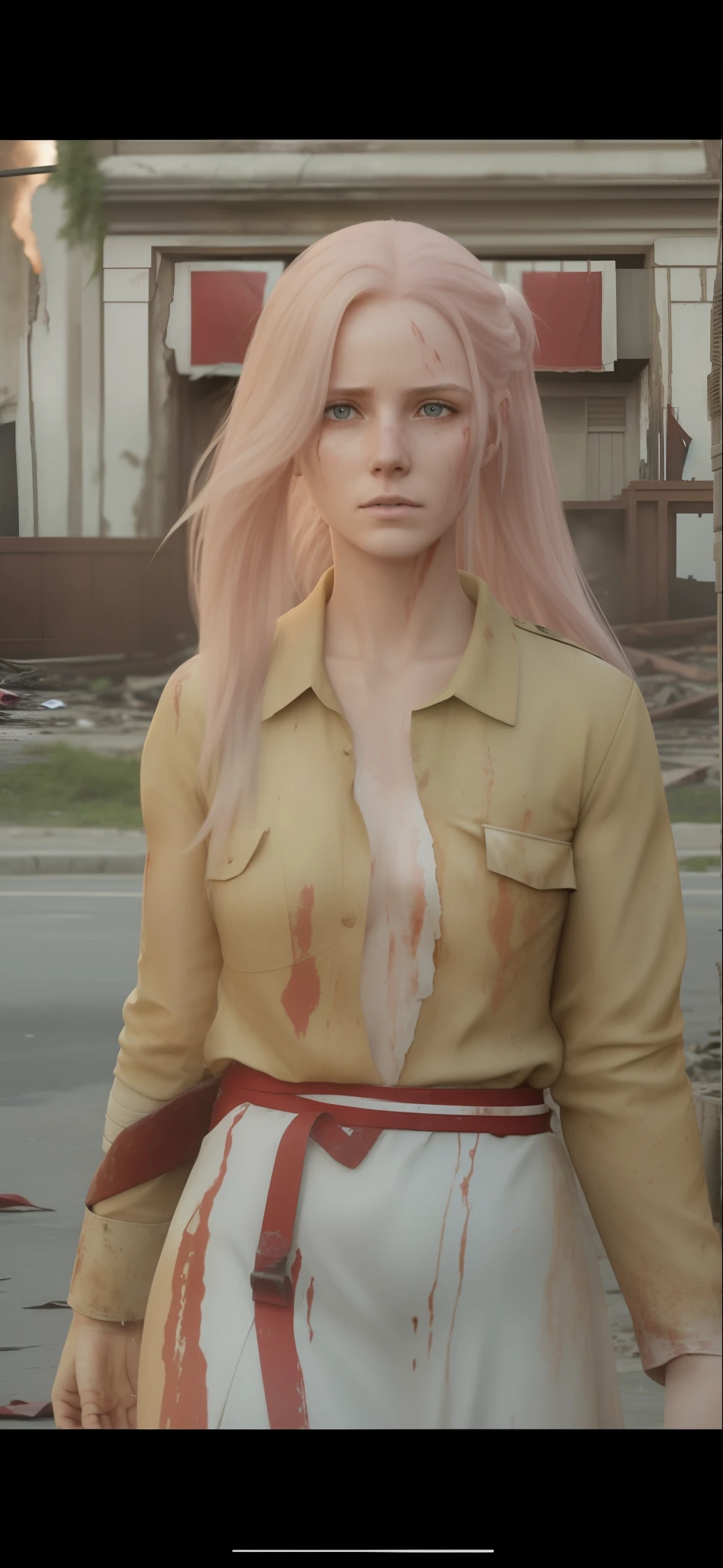 Three white red-haired women with very long hair stumbles through the streets of a ruined city with a naked wet upper body, and a bleeding gunshot wound in her left shoulder. An automatic rifle in her right hand, full of mud, blood, and wounds, and wearing a torn skirt. Explosions and fires ravaged the devastated city everywhere.