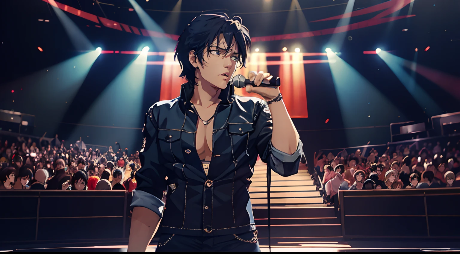 eptheking, expressive eyes, ((anime)), Serenity, Anime art , Luminism, cinematic light, Elvis Presley, at the stage, concert,