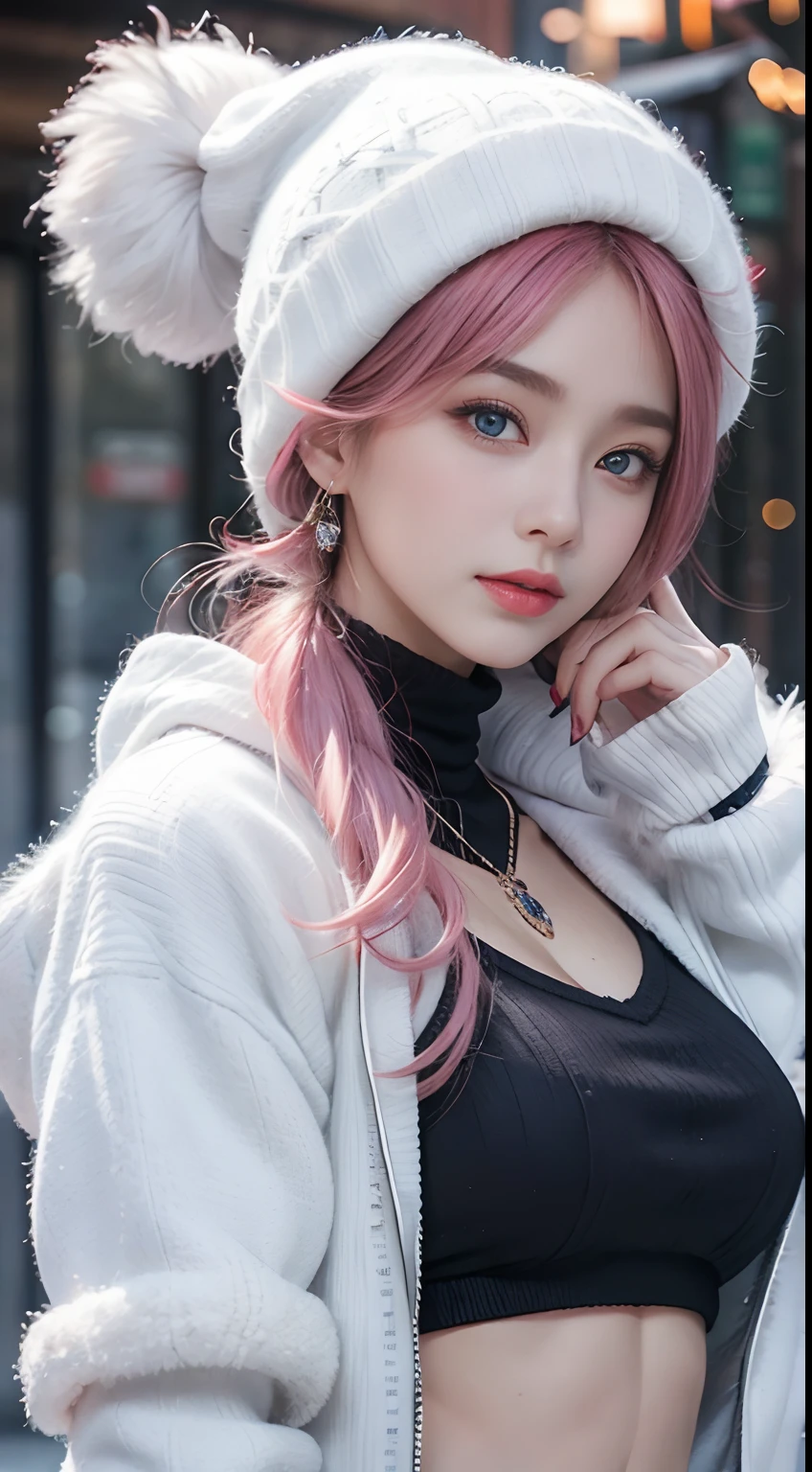 (32k,hoog detail,hoog detail,Hight Resolution,High density,独奏,Lori:1.3),(Realistic people,Live Action,A detailed eye,High-resolution eyes,Fine Eyes,Eyes that seem to be alive,Beautiful dark blue eyes,Fishing Eyes,Detailed lips,Crystal Clear White Skin,Detailed and realistic faces:1.3),(Japanese ido,Korean idols,Japan model,Korean model,Korean K-Pop Female Idols:1.2),(With a blush,Natural makeup,necklaces,piercings,Navel Piercing:1.4)(Cargo pants,Colorful tops of the big silhouette,Large Outerwear,boots,Knitted hat,Mod type unsnowed casual:1.6),(Handsome breasts,Pink hair:1.5),(Young but very beautiful Koreans16 years old little girl,Cool Eyes,little smile,Facing backwards,turned around,Looking at the camera,Fashion Leader,fashion model,Yellow-looking skin,Unforgettable Eyes,The eyes are so beautiful.,I want to go to the Paris collection..,State-of-the-art fashion:1.6)