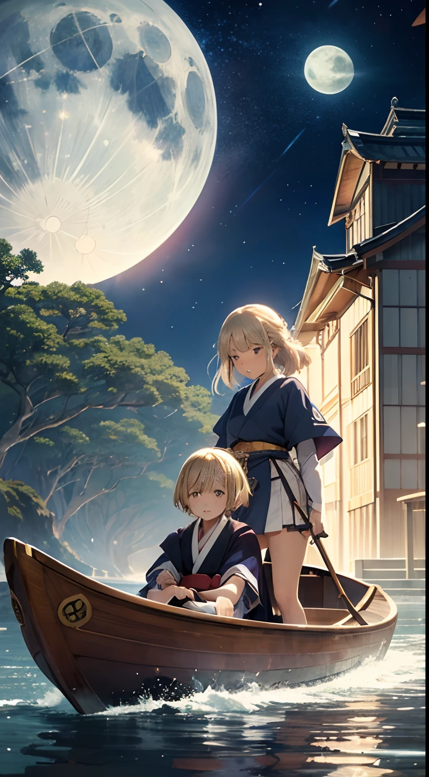 Hasui Kawase, Virpi Talvitie, Surreal, mysterious, strange, fantastical, fantasy, Sci-fi, Japanese anime, moonlight flowing through the city, beautiful blonde miniskirt girl riding a canoe, perfect voluminous body, kingdom of the celestial sphere, detailed masterpiece high resolution definition quality