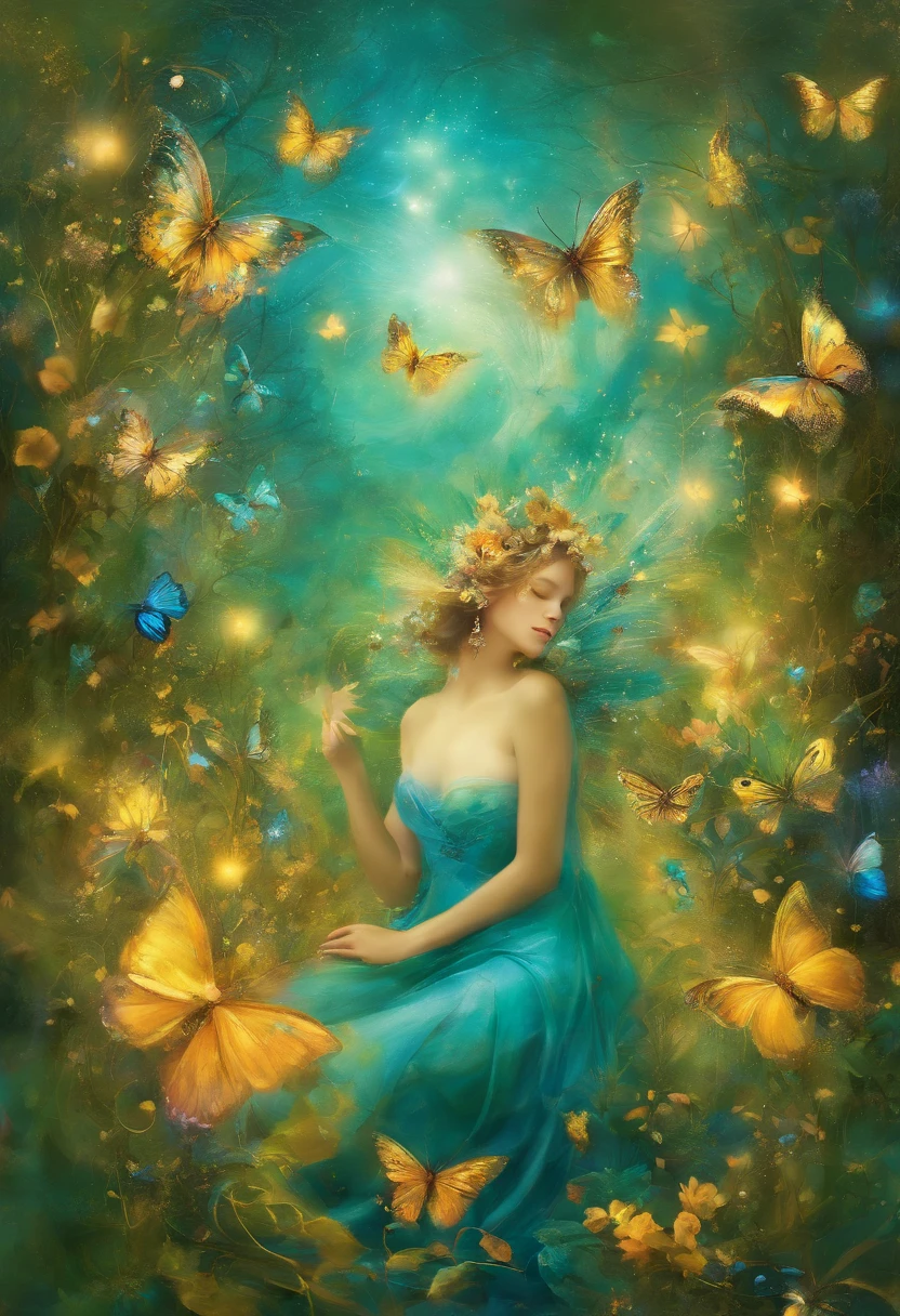 Photo of a magical blue-green-gold energy emanating from a serene garden. Ethereal butterflies flutter around, their wings shimmering with golden hues, while enchanting flowers bloom, radiating a sense of wonder and fantasy.