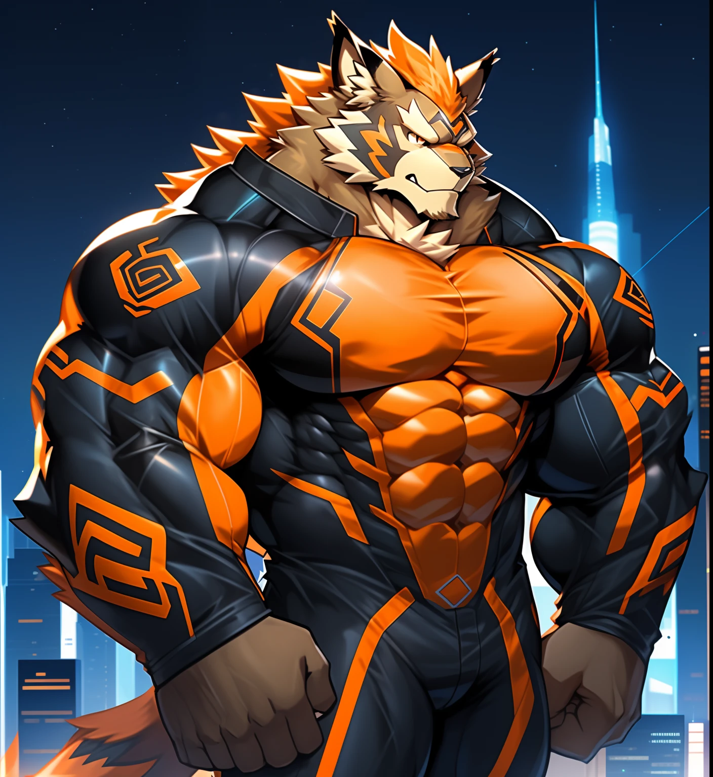 City background, skyscraper, futuristic city, night, stars, night lights, Leomon Gigachad, Superhero, hero, Nadaria, massive muscles, huge pecs, chiseled ABS, huge pecs, exaggeratedly huge muscles. A furry hero whose presence inspires trust and respect. (((His hero suit is black and orange.)))