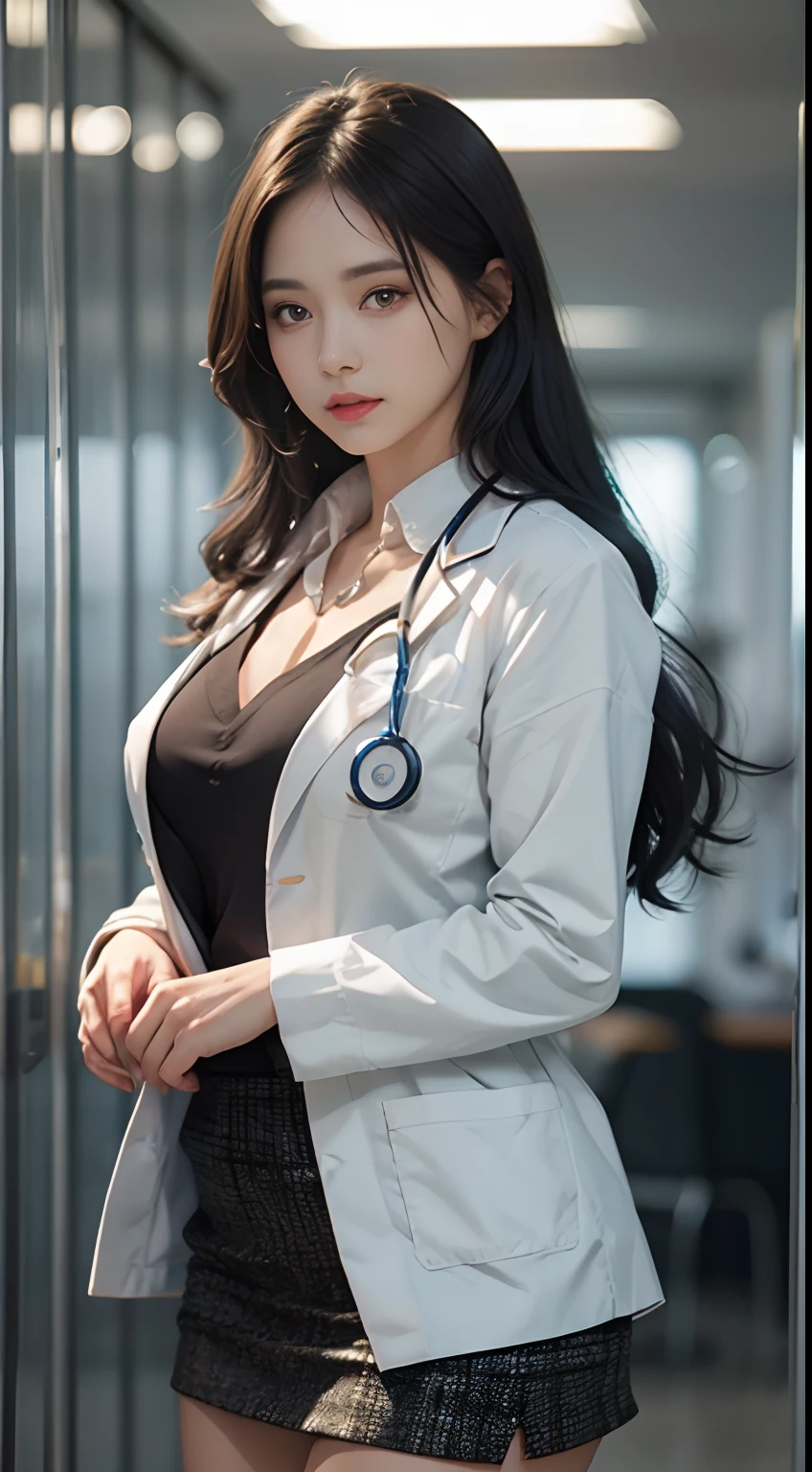 Realistic beautiful doctor、Stunning beauty、Doctor's white coat, Collared shirt、(Top quality、8K、32k、masterpiece、nffsw:1.3)、Ultra-high resolution,(Reality:1.4),Original Photography, Delicate face,,Beautiful hair, ((Doctor style)), , Black tight skirt、 Natural Makeup,, Full breasts、Inside the hospital, Detailed background, Perfect lighting, Depth of Field, Beautiful shadow gradient,Stethoscope ,