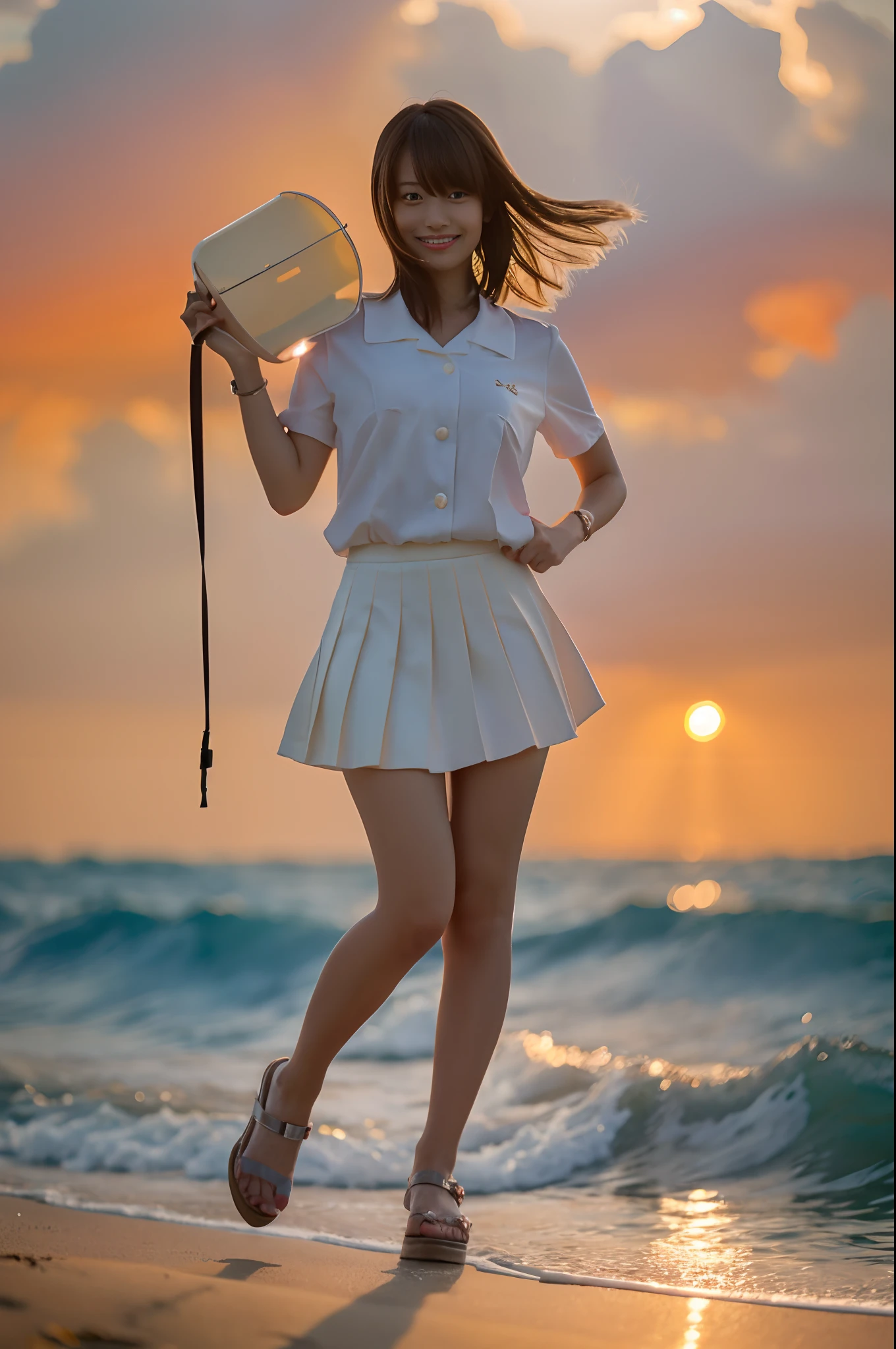 (Best Quality, High resolution, masutepiece :1.3), Pretty women, tiny chest、Constricted waist,
Against the background of a reddish sunset sky、Clouds and sun sink into the ocean, Beautiful girl in uniform standing、Her hair is light brown, Eta、Medium Bob Style. She wears a white blouse and pleated skirt as part of her uniform. She sits with her legs apart, And her gaze is directed to the camera. Create this scene from a low angle shot.17 yeaHappy smile