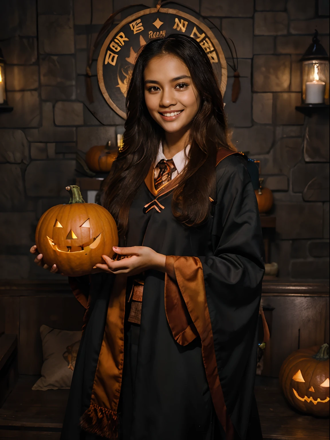 1girl, solo, RAW Photo, Photograph of a young beautiful bright indonesian woman with long hair flow in soft curl, grin smile, pointing and holding pumpkin, wear hogwarts uniform, halloween theme, dark, outdoor, night, detailed background, (cowboy shot:1.1), best quality, masterpiece, uhd, ((photorealistic))