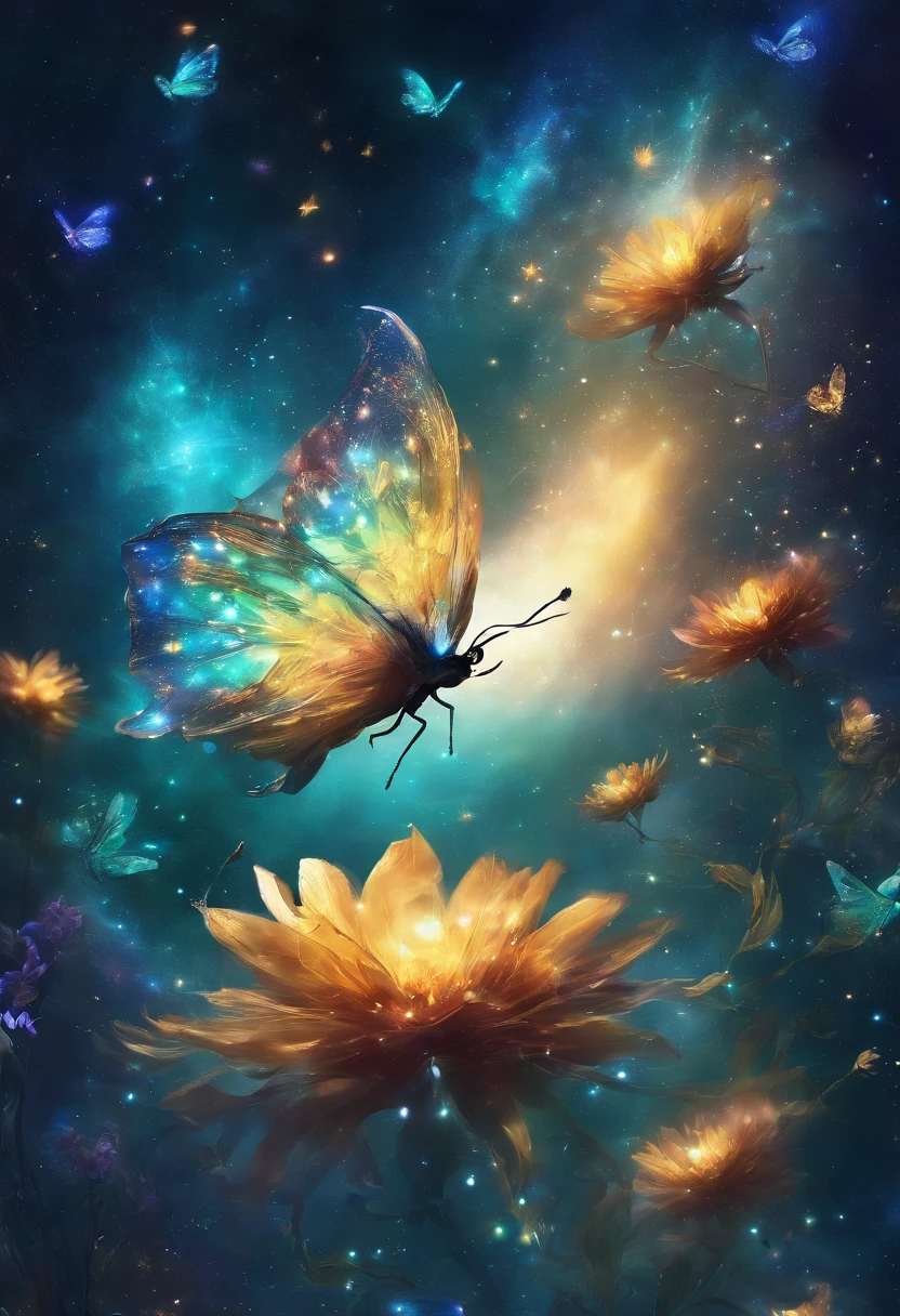 Photo of a magical blue-green-gold energy emanating from a serene garden. Ethereal butterflies flutter around, their wings shimmering with golden hues, while enchanting flowers bloom, radiating a sense of wonder and fantasy.