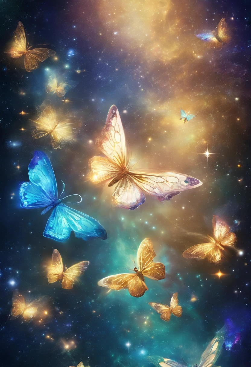 Photo of a magical blue-green-gold energy emanating from a serene garden. Ethereal butterflies flutter around, their wings shimmering with golden hues, while enchanting flowers bloom, radiating a sense of wonder and fantasy.