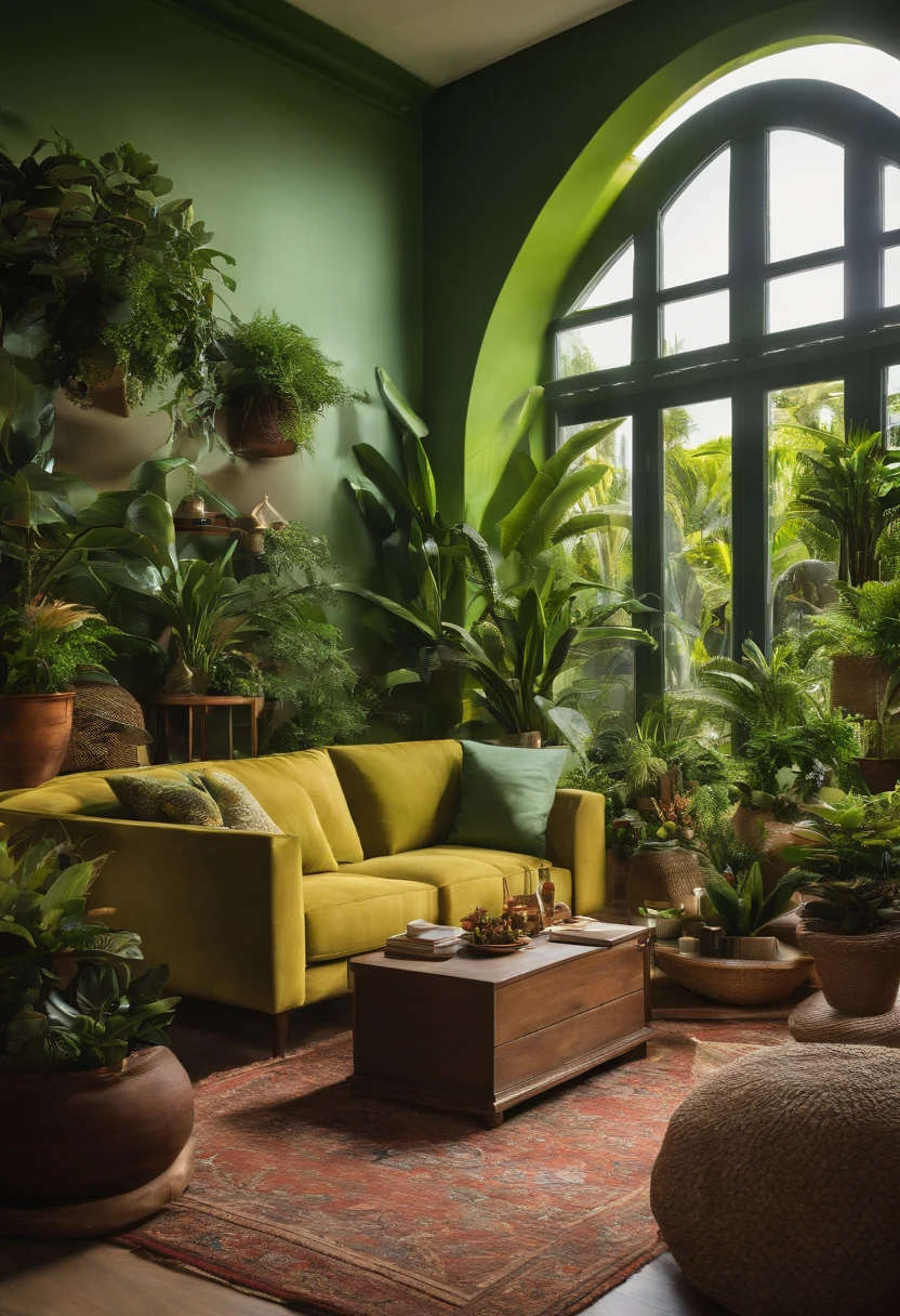 Crie uma imagem que represente uma sala bem iluminada e aconchegante, decorada com plantas de interior exuberantes. As plantas devem estar estrategicamente posicionadas em vasos coloridos, adicionando um toque de verde e frescor ao ambiente. A imagem deve transmitir a ideia de serenidade e tranquilidade, Highlighting the balance between nature and décor.