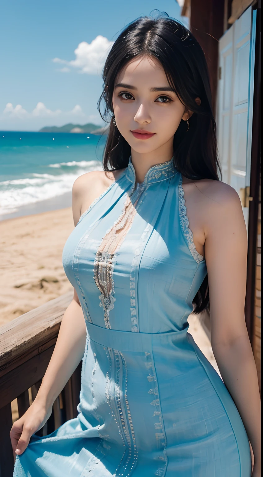 (8K, RAW photos, best quality, masterpiece:1.2), (Camera angle is from bottom to top), A 20-year-old Japanese woman with a beautiful face, small head, eyes are dark blue, Smiling brightly, high definition face, light brown wavy long hair, (((Wearing loose-fitting clothes, At an outdoor beach cafe, flowing mesh clothes)), Adult, Band stockings, Small tattoo, glamorous body, nipple, clean skin, big bust, Sagging breasts due to gravity, 