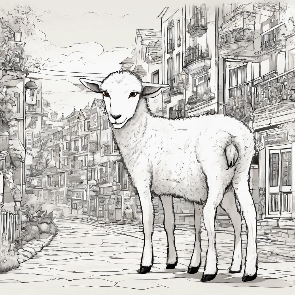 A black and white commercial illustration of white lamb, muito fofo, ele se encontra em uma cidade cheia de animais, To your right is your very adorable wolf friend. A ovelha possui um olhar muito limpo. Both are close to the center of the city. The city is portrayed in a natural way, com casas de madeira ao redor. The image should have a natural style with fine strokes and a touch of manga. A ovelha deve ser representada em detalhes, with his expression demonstrating purity and determination in his task. A imagem deve ser em preto e branco, with a pencil and ink caricature drawing style. Certifique-se de pegar o lobo cinza conversando com o cordeiro, but not so glued together symbolizing happiness and hope in the face of life's challenges." 16k