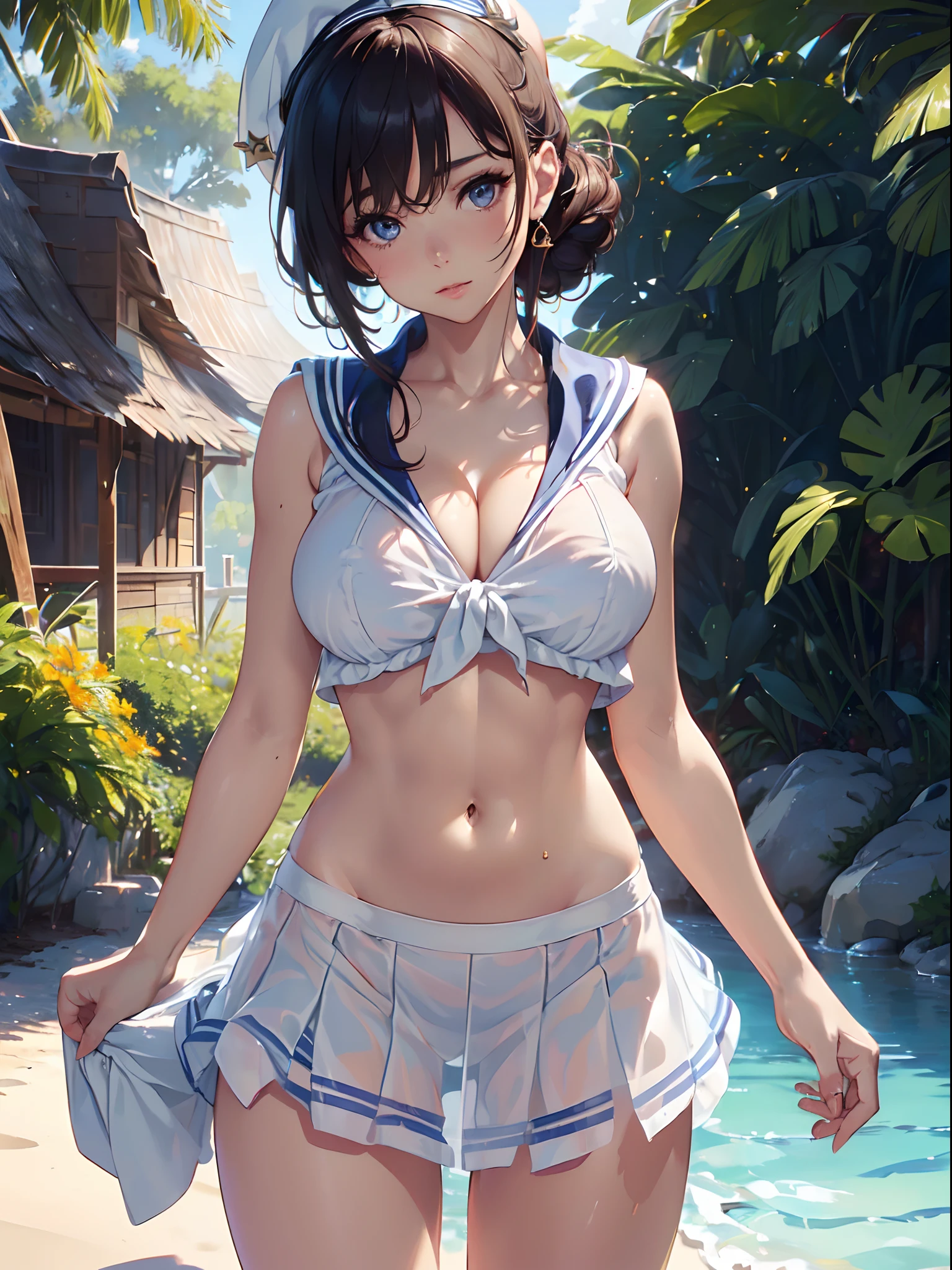 (((toppless))), (((Open legs))), (large full breasts), (((cleavage))), ((Smooth texture, Realistic texture, Photorealistic)), ((Detailed beautiful eyes, Beautiful eyelashes, Realistic eyes)), extremely detailed CG unified 8k wallpaper, very fine 8KCG wallpaper, (masterpiece, Best Quality), High resolution, Ultra-detailed, ultra-sharp, 1 Lady, Naked, at poolside, ((( sheerwhite sailor shirt, Sleeveless, Open front))), (((Navel ))), (((Sheer Micro Mini Skirt))), (Beautiful face, Cute face, Detailed face), (((Cowboy Shot))), (((Sunny))), Perfect Eyes Eyes
