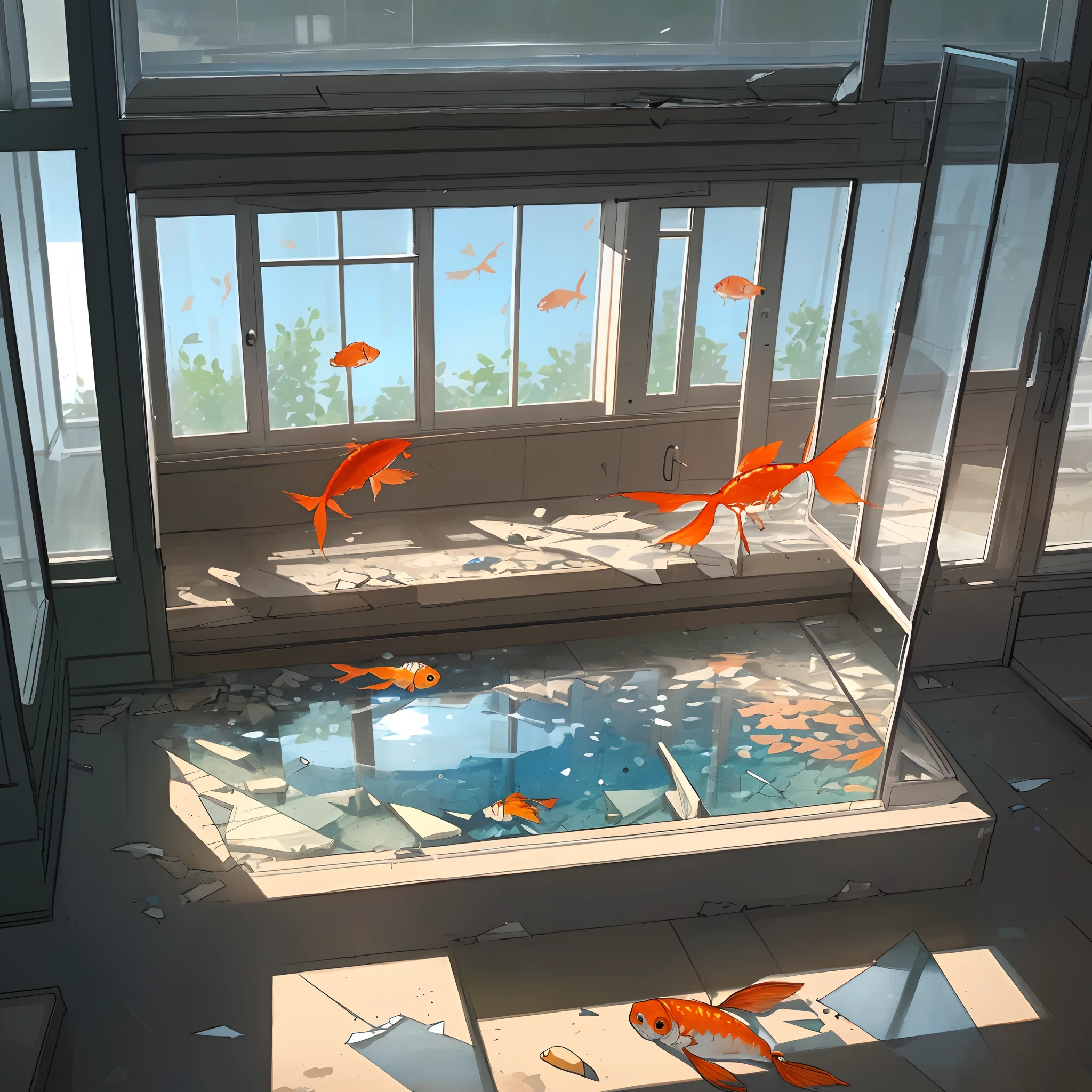 Realistic classroom illustration background。It's still morning, so it's bright。One piece of window glass on the outside is broken.。A few shards of glass are scattered in the classroom。The water tank, which was on the back shelf, has fallen and cracked。Four goldfish in the tank are lying dead。