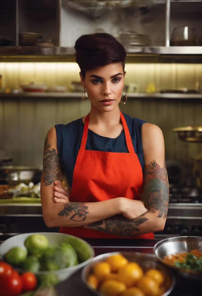 Young cook with tattooed arm, em uma cozinha