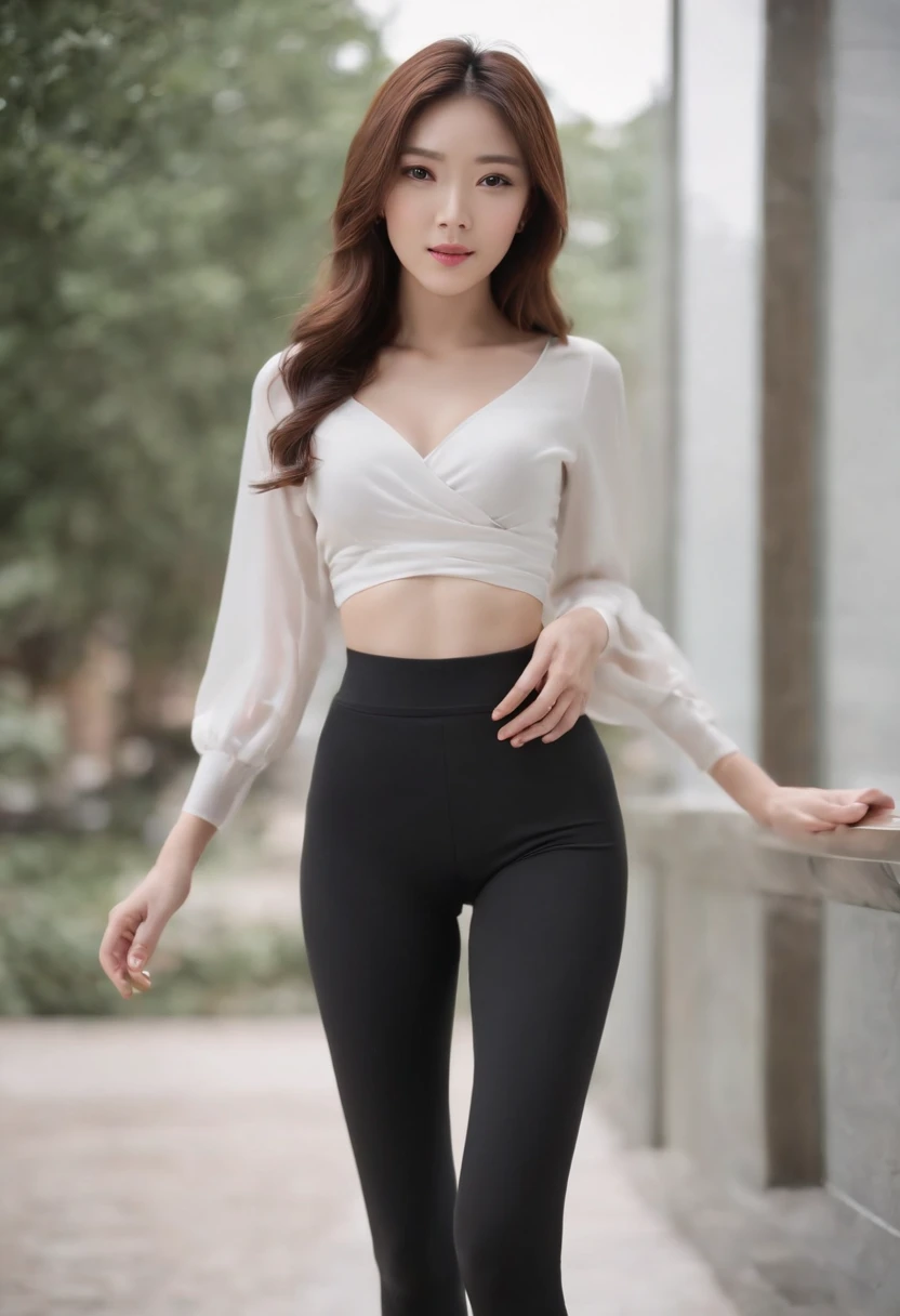 Black skinny leggings,Thin leg,Long legs,Perfect curves,Asian people,Loose top,