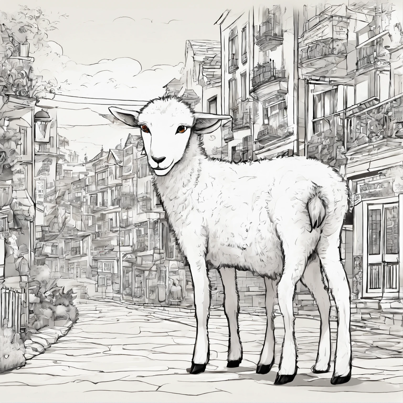 A black and white commercial illustration of white lamb, muito fofo, ele se encontra em uma cidade cheia de animais, To your right is your very adorable wolf friend. A ovelha possui um olhar muito limpo. Both are close to the center of the city. The city is portrayed in a natural way, com casas de madeira ao redor. The image should have a natural style with fine strokes and a touch of manga. A ovelha deve ser representada em detalhes, with his expression demonstrating purity and determination in his task. A imagem deve ser em preto e branco, with a pencil and ink caricature drawing style. Certifique-se de pegar o lobo cinza conversando com o cordeiro, but not so glued together symbolizing happiness and hope in the face of life's challenges." 16k