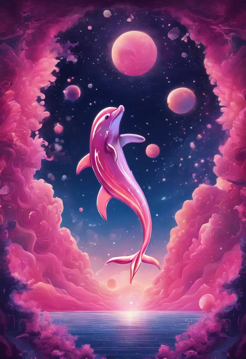 Illustration of a dreamy vertical underwater scene, where the depths are illuminated in shades of pink and gold. Swirls of magical energy envelop the surroundings, and at the center, a dolphin with a celestial aura gracefully glides, representing the beauty and fantasy of aquatic life.