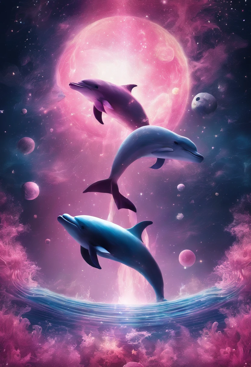 Illustration of a dreamy vertical underwater scene, where the depths are illuminated in shades of pink and gold. Swirls of magical energy envelop the surroundings, and at the center, a dolphin with a celestial aura gracefully glides, representing the beauty and fantasy of aquatic life.