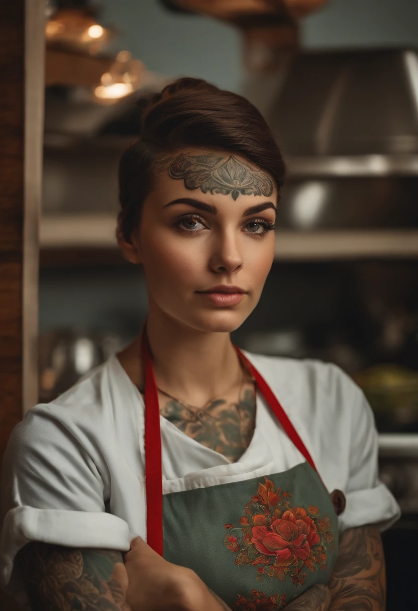 Young cook with tattooed arm, em uma cozinha