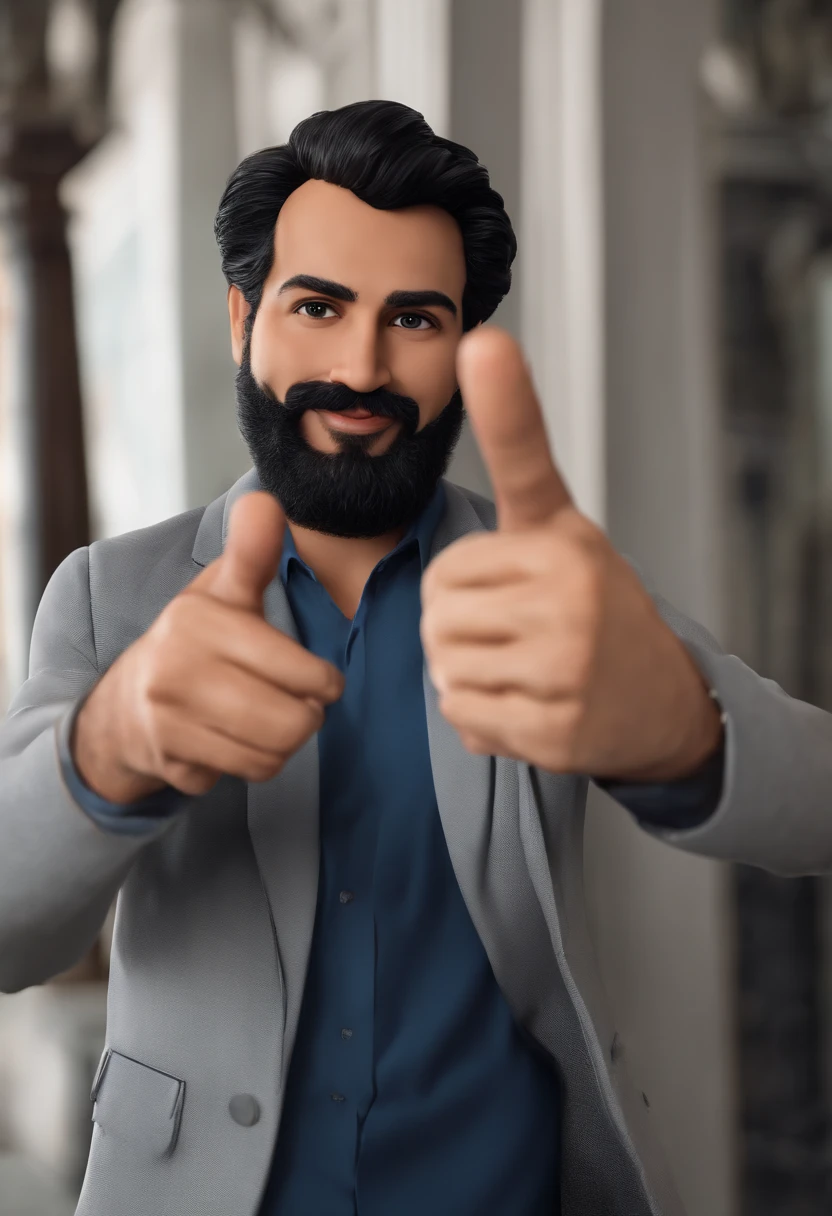 Generate a 3D Animation Style Poster, Disney/Pixar.There's a man with a beard and tie making a peace sign, imagem de qualidade muito alta, Foto selfie 8k, Foto realista,, imagem frontal, , david rios ferreira, pointing at camera, andres rios, victor maristane, middle finger, giving the middle finger, selfie de um homem,The background is a simple white wall, com um grafite "Rodsalah" em preto com contorno em azul, tamanho grande.