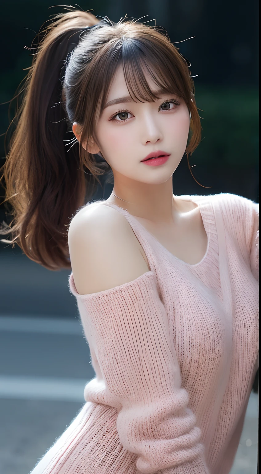finely detail, hight resolution, hightquality、Perfect dynamic composition, Beautiful detailed eyes, Medium Hair, small tits、Natural Color Lip,Kamimei、Shibuya、20 years girl、1 persons、Transparent skin、Glowing hair、masutepiece, Best Quality, Illustration, Ultra-detailed, finely detail, hight resolution, 8K、The correct state of the human body、Randomly cute poses,Ponytail hair,beauty legs,Perfect beautiful face,KPOP Idol Face,Face that feels ecstasy,Pale pale pink knitted dress,Background blur,Do Guts Pose