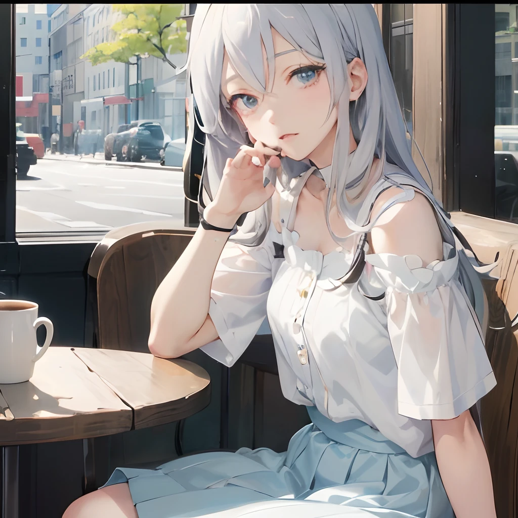 anime girl sitting at a table with a cup of coffee, an anime girl, attractive anime girl, young anime girl, perfect white haired girl, pretty anime girl, beautiful anime girl, cute anime girl, anime asthetic, anime girl, realistic young anime girl, kantai collection style, in dress, anime visual of a cute girl, anime vibes
