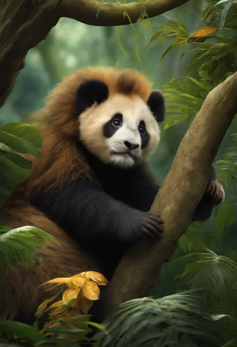 animal including a lion a panda a giraffe a monkey a bear cub a sloth a raptor in the forest 迪士尼皮克斯風格