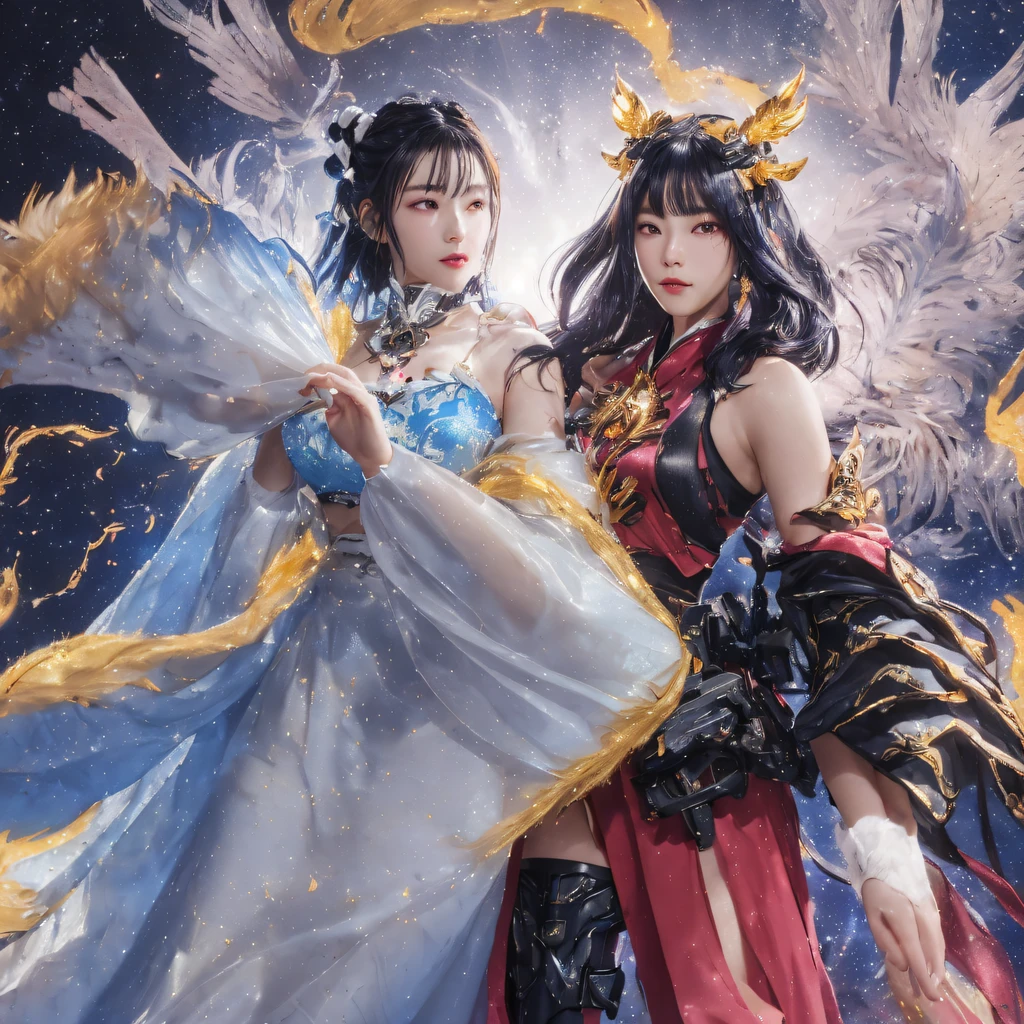 (tmasterpiece:1.2),(真实感:1.5),2 girls,Red and yellow lace skirt, Raised sexy,violin in hand,Duo,silk dress,satin,a skirt,hot springs,rays of moonlight,