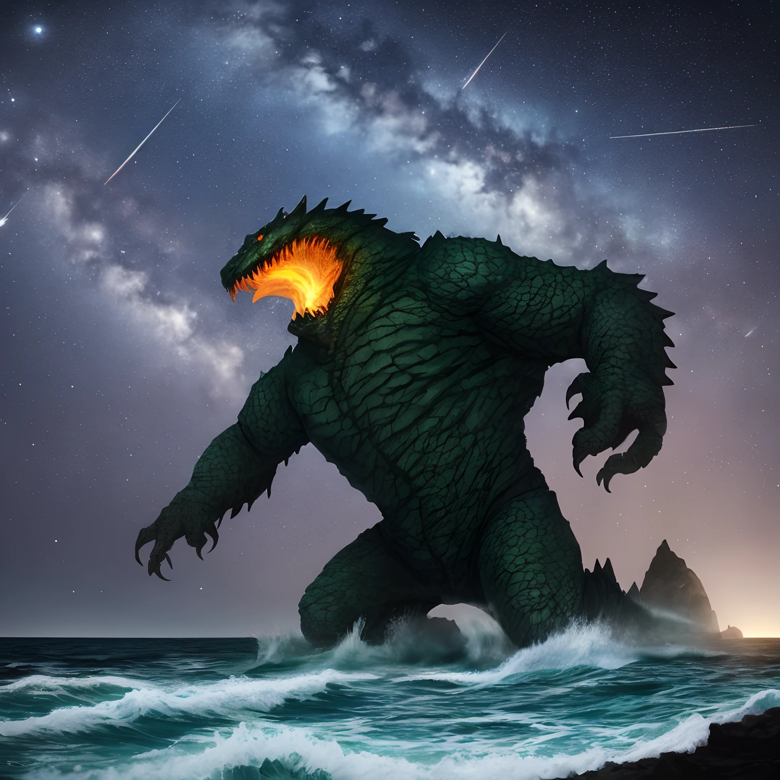 Giant monster coming out of the sea while there is meteor shower and the scary sky.