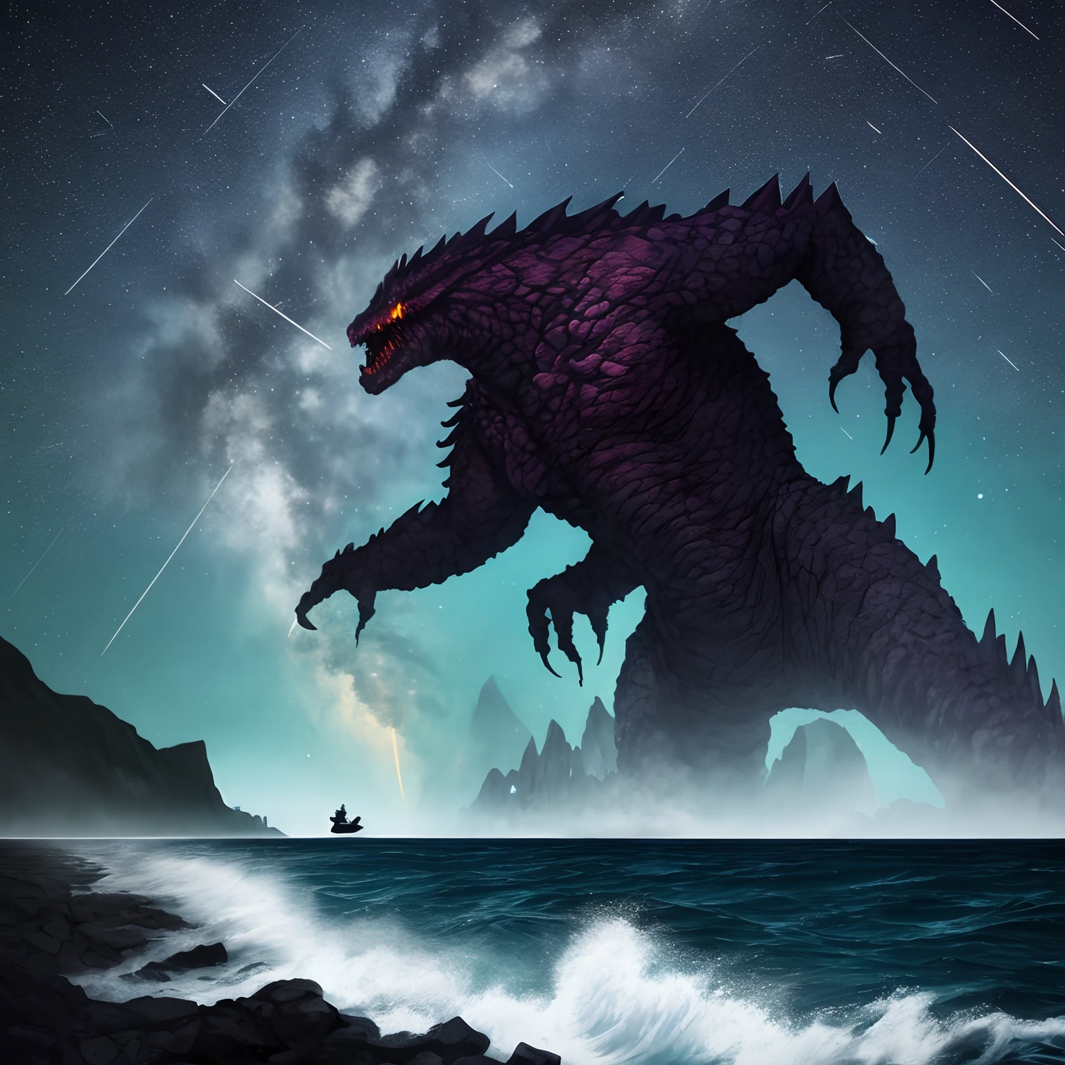 ugly monster, Body shape huge, standing in ocean, tosen, There is a small fishing boat around, A grand spectacle, Oppressive atmosphere, surrealism, Chiaroscuro, Cinematic lighting, Wide shot, Masterpiece, ccurate, Anatomically correct, Super detail, High details, Best quality