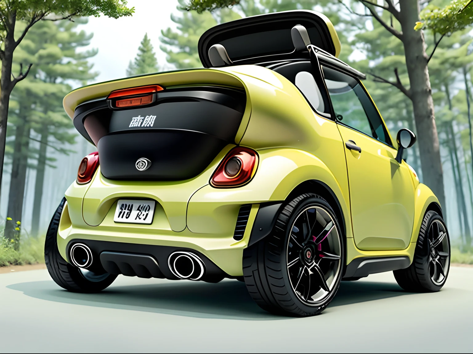 Nice coffee cart，inspired by:【Wuling Hongguang Light Vehicle】with  the【Mini beetle】with  the【Fiat 500】，Fancy green high detail，32K Ultra Hi-Vision，Industrial Design Product Design Futuristic Design，Running through the forest，A hyper-realistic，Extremely detailed details，Lateral face，Side view