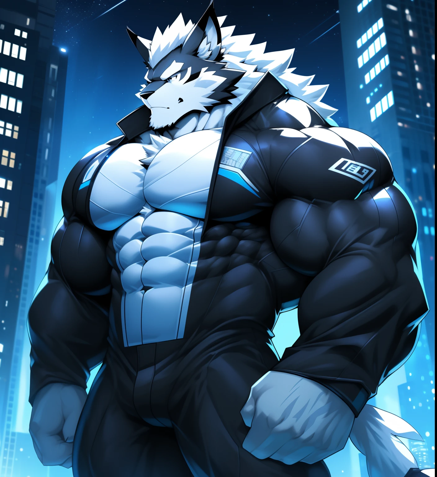 City background, skyscraper, futuristic city, night, stars, night lights, Leomon Gigachad, Superhero, hero, bodysuit, massive muscles, huge pecs, chiseled ABS, huge pecs, exaggeratedly huge muscles. A furry hero whose presence inspires trust and respect. (((His hero suit is black and white.))),large penis exposed, white wolf penis, penis details, semen, penis in white underwear