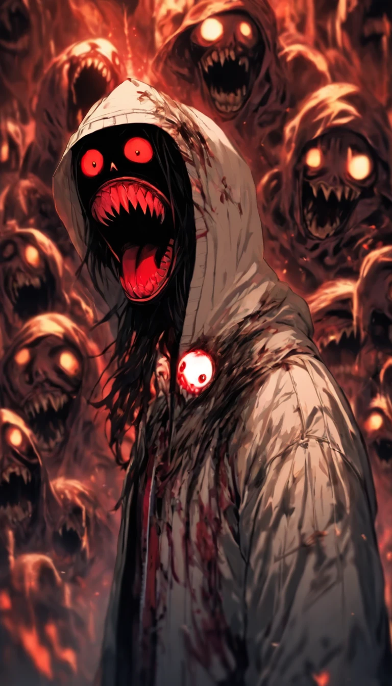Character design, Momo creepypasta face, full body view, black, arafed man with short black hair and big eyes , scary picture, very scary photo, scary photo, cursed images, inspired by Junji Ito, jumpscare, creepypasta, junji ito 4 k, cursed image, very scary, scared face, scary look, scary face, creepy pasta, jeff the killer, extremely scary, creepy monster, long arm, long leg, humpback, wearing white hoodie, white pants, white body, white face, no eyes on his face, his face has many veins, very angry,there are many bones coming out of his back, horror film model,  his hand holding a knife, holding a death sickle, holding the brain, wearing the hood, barefoot, running pose, injured, very madness, chaos, grinning,stick out tongue, long red tongue, red lips, creepy feeling, horror feeling, crazy, haunting, hunting prey, mysterious, ominous, dark aura ,dark background, and an unreal atmosphere in the background,Masterpiece, best quality, high quality, extremely detailed CG uniform 8k wallpaper, flowering landscape, dry places such as empty desert, dearest, cunning, Mono Lake, Pu Tree, 3D digital painting, award winning photography, bokeh, depth of field, HDR, bloom, Chromatic Aberration, Photorealistic, extremely detailed, trending on artstation, trending on CGsociety, Intricate, High Detail, dramatic, art by midjourney