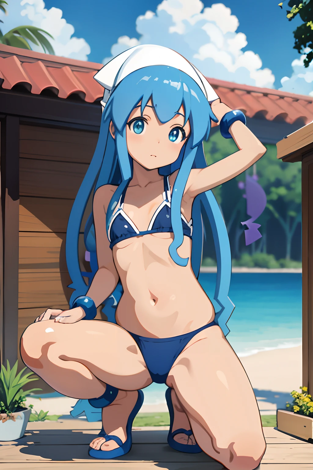 chica anime con gran en bikini negro y zapatos azules, Hermosa chica de anime en cuclillas, Backwards, Reverse, grande, small curvy loli, Thicc, [ Arte digital 4K ]!!, seductora chica de anime, Estilo Azur Lane, The anime girl is crouching, kantai collection style, OPPAI, agacharse, Anime CG soft art, pixiv 3dcg, loli, Ika musume