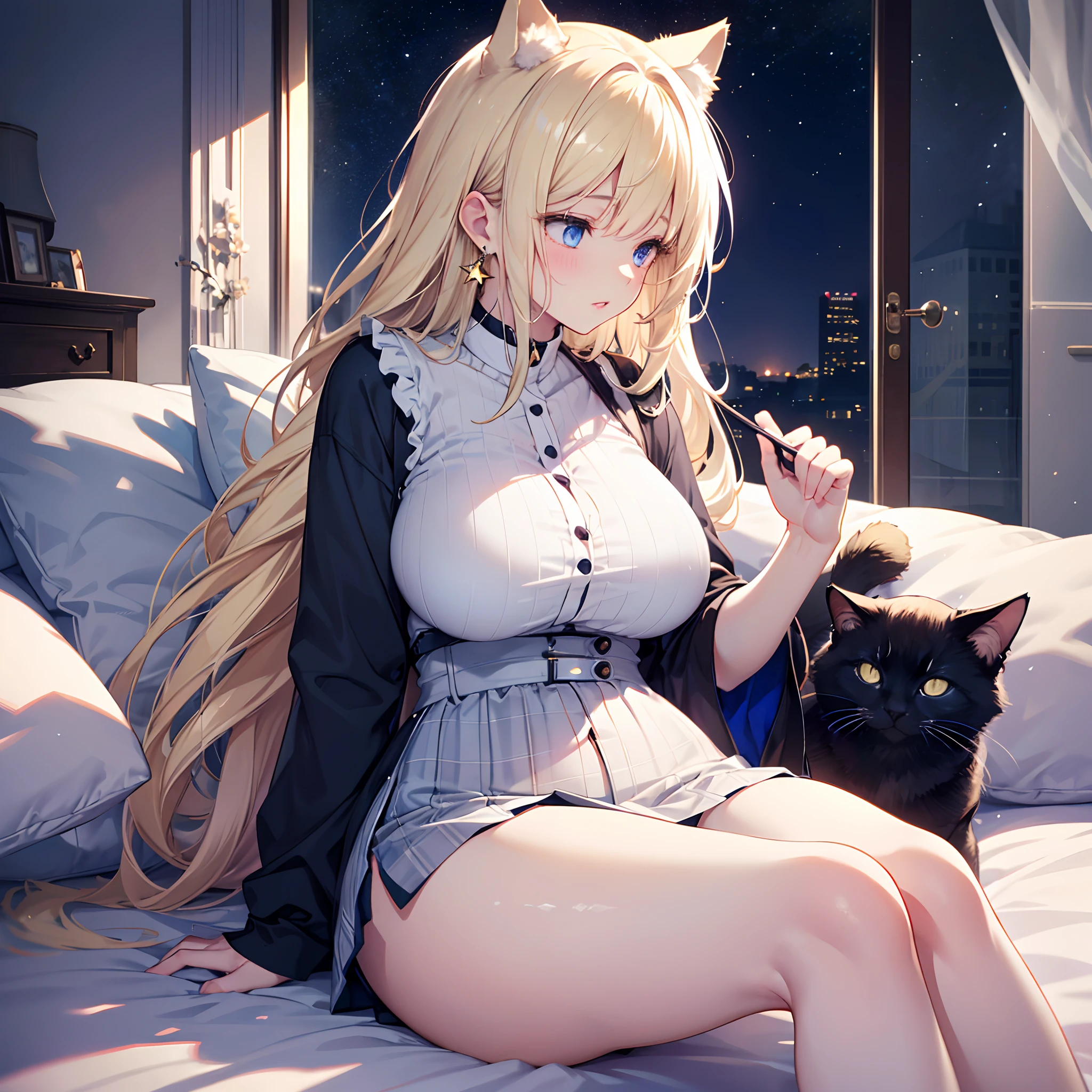 Realistic and detailed image of a girl with cat ears. sleepwear with mini skirt shorts. Unusually shiny long silky blonde hair. blue eyes. Has earrings and long eyelashes. She has full lips. large breasts, slim waist, very wide hips and thick thighs. profile. arched back. She is sleeping in a bed. snowy night. dark atmosphere. Starry night.