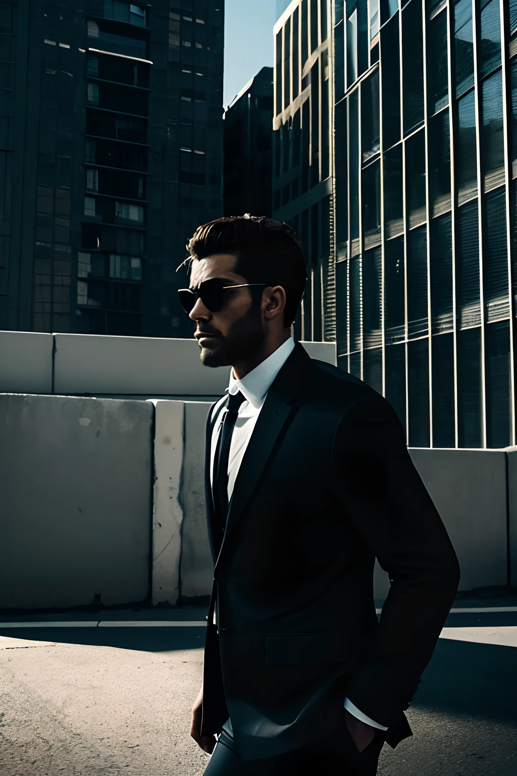 Capture a scene of a man embodying the aura of a hunter on the run, wearing sunglasses and a black suit. His expression is tense, and he appears to be vigilantly scanning his surroundings. His movements are swift and cautious, navigating quickly through an urban landscape. Emphasize the contrast between light and shadow to convey his sense of urgency and the tense atmosphere.
