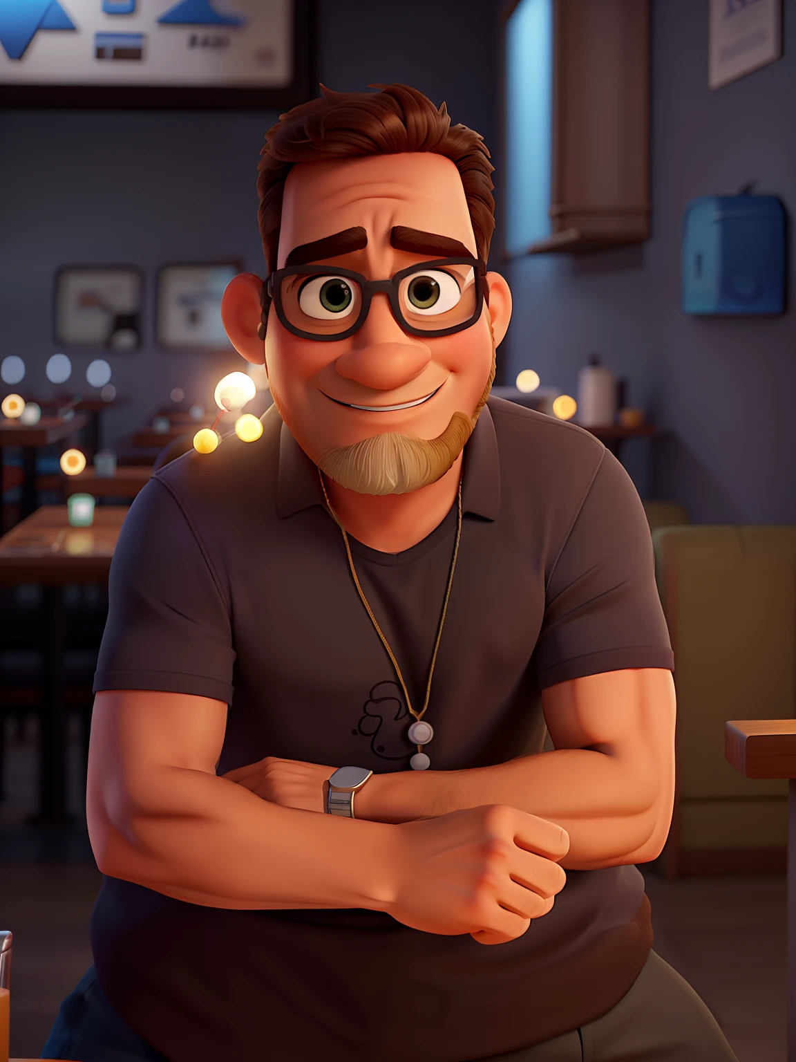 Poster no estilo Disney pixar, alta qualidade, melhor qualidade, homem sexy branco, 30 anos cabelo grisalho barba preta, musculoso, com fundo em um restaurante a luz de velas