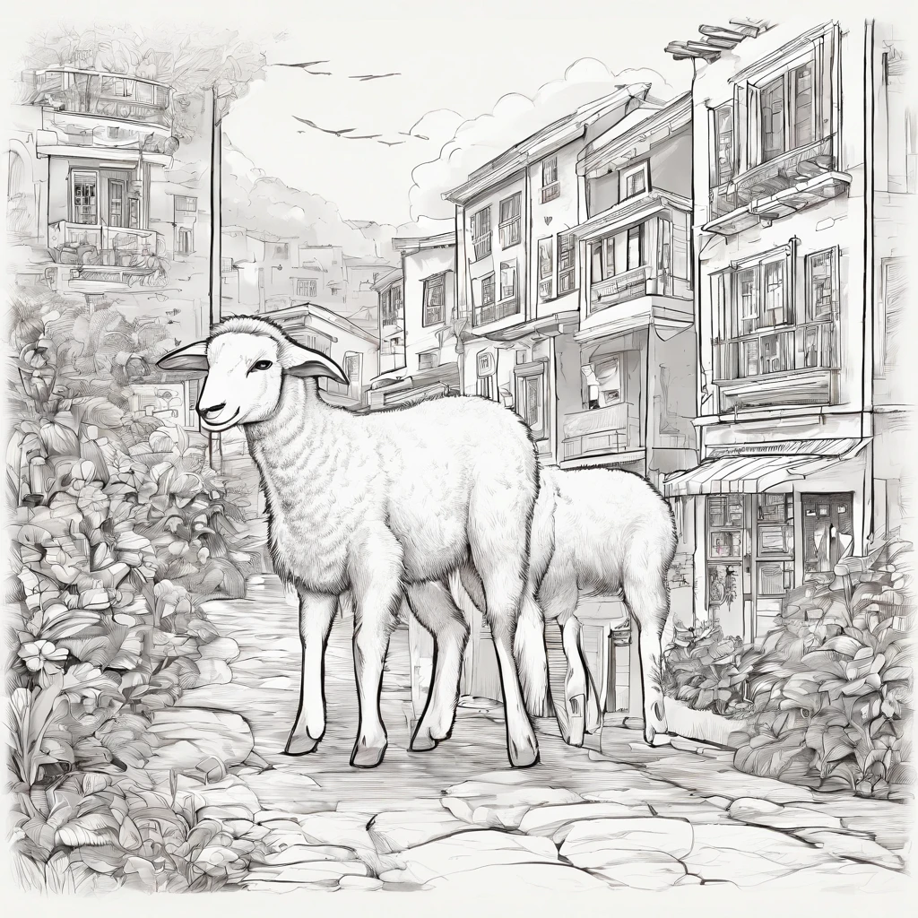A black and white commercial illustration of white lamb, muito fofo, ele se encontra em uma cidade cheia de animais, To your right is your very adorable wolf friend. A ovelha possui um olhar muito limpo. Both are close to the center of the city. The city is portrayed in a natural way, com casas de madeira ao redor. The image should have a natural style with realistic strokes and a touch of manga. A ovelha deve ser representada em detalhes, with his expression demonstrating purity and determination in his task. A imagem deve ser em preto e branco, with a pencil and ink caricature drawing style. Certifique-se de pegar o lobo cinza conversando com o cordeiro, but not so glued together symbolizing happiness and hope in the face of life's challenges." 16k