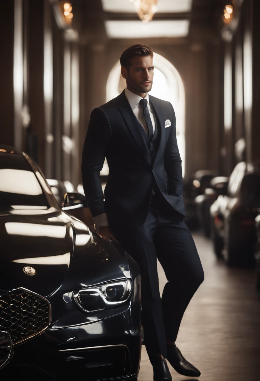 Create a stunning AI artwork that captures the essence of a confident and charismatic multimillionaire dressed in an impeccably tailored suit, set against a backdrop that reflects opulence and success. Infuse the artwork with a sense of power, elegance, and sophistication, using your creative AI techniques to bring this vision to life