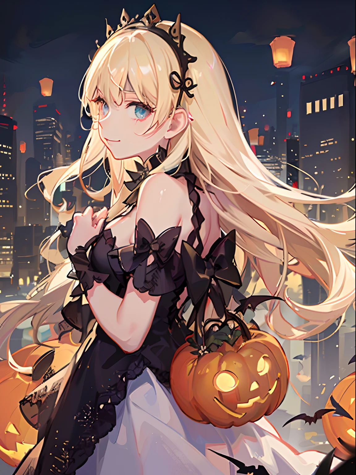 Jack-o'-lantern, Halloween cityscape, Blonde girl in a pearl dress, her hair cascading down her back, and a transparent fabric dress that shimmers in the light.